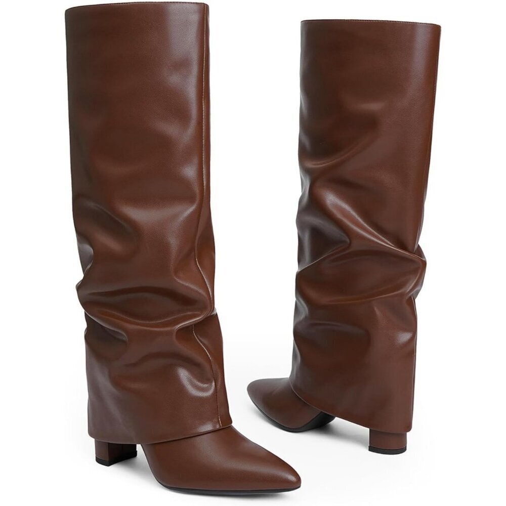 Women's Brown Modatope Knee High Fold Over Chunky Heels Zipper Tall Boots - Picture 2 of 7